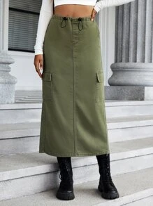 Drawstring Waist Flap Pocket Denim Skirt - Army Green - View 4