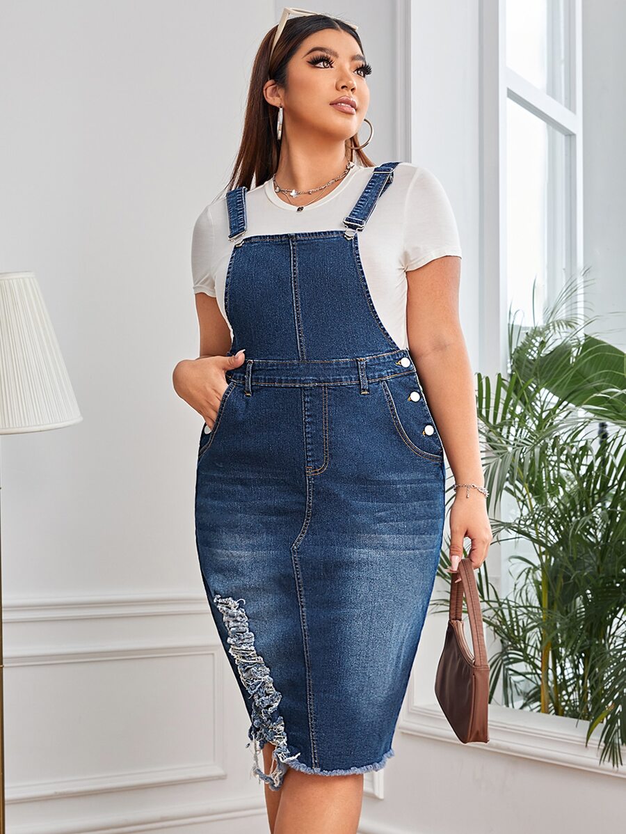 大碼破洞毛邊牛仔背帶裙不帶T恤 - 中等水洗藍 - 查看 1