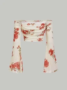 SHEIN MOD Floral Print Off Shoulder Flounce Sleeve Crop Tee - Multicolor - View 2