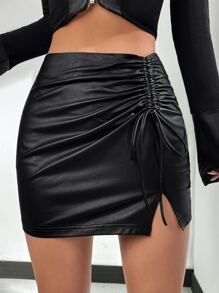 SHEIN BAE Drawstring Split Hem PU Leather Skirt - Black - View 2