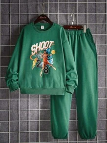 SHEIN Boys Letter & Figure Graphic Drop Shoulder Pullover & Joggers - Dark Green - View 2