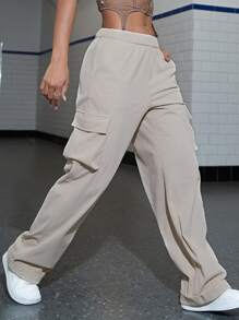 Flap Pocket Solid Wide Leg Cargo Trousers - White - View 1