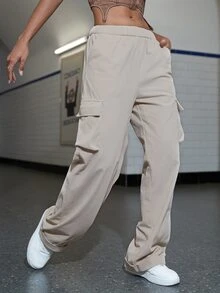 Flap Pocket Solid Wide Leg Cargo Trousers - White - View 3