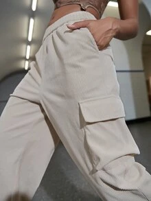 Flap Pocket Solid Wide Leg Cargo Trousers - White - View 6