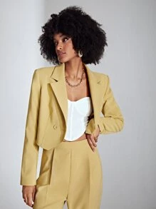 SHEIN Privé Lapel Neck Double Button Crop Blazer - Yellow - View 1