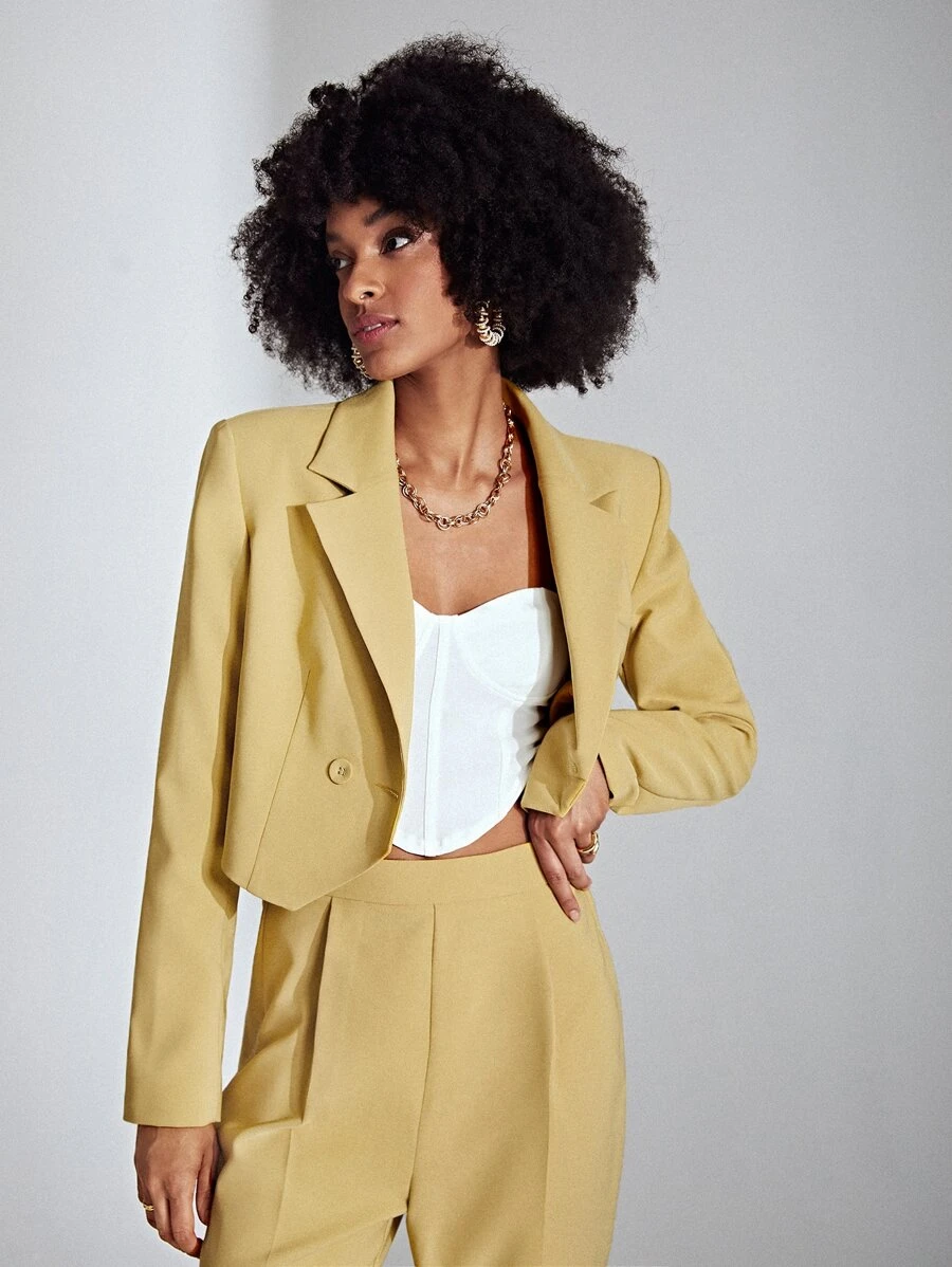 SHEIN Privé Lapel Neck Double Button Crop Blazer - Yellow - View 1