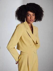 SHEIN Privé Lapel Neck Double Button Crop Blazer - Yellow - View 5