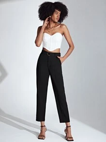 SHEIN Privé Solid High Waist Belted Trousers - Black - View 4