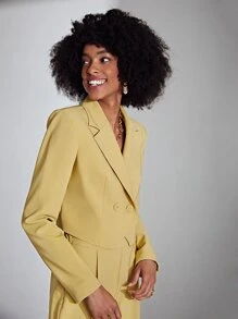 SHEIN Privé Lapel Neck Double Button Crop Blazer - Yellow - View 6