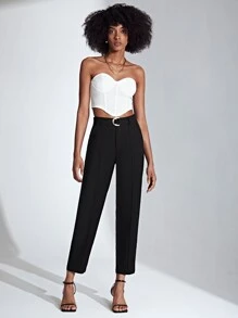 SHEIN Privé Solid High Waist Belted Trousers - Black - View 5