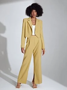 SHEIN Privé Lapel Neck Double Button Crop Blazer - Yellow - View 7