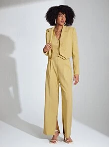SHEIN Privé Lapel Neck Double Button Crop Blazer - Yellow - View 8