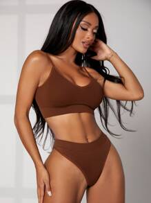 Solid Seamless Bra & Panty Lingerie Set - Coffee Brown - View 1