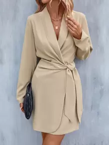 SHEIN LUNE Surplice Neck Knot Side Wrap Dress - Apricot - View 1