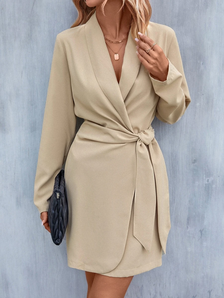 SHEIN LUNE Surplice Neck Knot Side Wrap Dress - Apricot - View 1