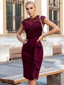 MIUSOL Mock Neck Floral Lace Bodice Ruffle Trim Cocktail Party Fitted Dress - Burgundy - View 1