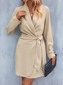 SHEIN LUNE Surplice Neck Knot Side Wrap Dress - Apricot - View 4