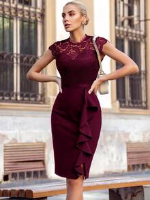 MIUSOL Mock Neck Floral Lace Bodice Ruffle Trim Cocktail Party Fitted Dress - Burgundy - View 3