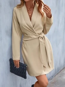 SHEIN LUNE Surplice Neck Knot Side Wrap Dress - Apricot - View 5