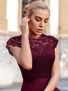 MIUSOL Mock Neck Floral Lace Bodice Ruffle Trim Cocktail Party Fitted Dress - Burgundy - View 4