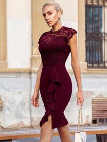 MIUSOL Mock Neck Floral Lace Bodice Ruffle Trim Cocktail Party Fitted Dress - Burgundy - View 5