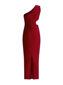 Cut Out Waist One Shoulder Split Back Bodycon Dress - Burgundy - View 6