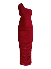 Cut Out Waist One Shoulder Split Back Bodycon Dress - Burgundy - View 7