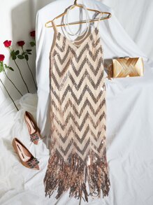 Allurite 鋸齒形印花流蘇下擺亮片吊帶洋裝 - 香檳色 - 查看 8