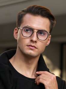 Men Top Bar Geometric Frame Eyeglasses Clear Glasses - Black - View 2