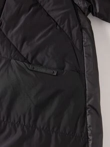 Plus Zip Up Drawstring Hooded Padded Coat - Black - View 5