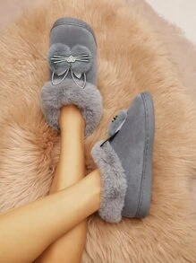 Rhinestone Ear & Pompom Decor Decor Novelty Slippers - Grey - View 3