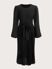 SHEIN Privé Đầm Thắt lưng Xếp li màu trơn Giải trí - màu đen - Xem 8