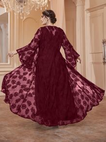 Modelyn Plus Solid Dress & Flounce Sleeve Lace Coat Maxi Women Outfit - Maroon - View 2