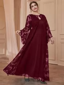Modelyn Plus Solid Dress & Flounce Sleeve Lace Coat Maxi Women Outfit - Maroon - View 3