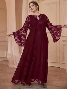 Modelyn Plus Solid Dress & Flounce Sleeve Lace Coat Maxi Women Outfit - Maroon - View 6