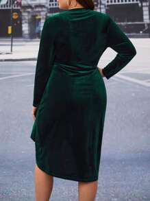 SHEIN Belle Plus Knot Side Wrap Velvet Dress - Dark Green - View 2