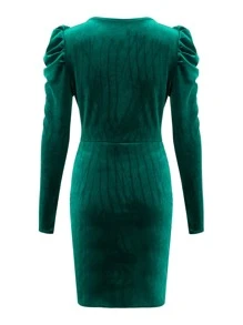 Allurite Puff Sleeve Tulip Hem Velvet Bodycon Dress - Dark Green - View 7