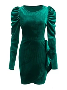 Allurite Puff Sleeve Tulip Hem Velvet Bodycon Dress - Dark Green - View 8