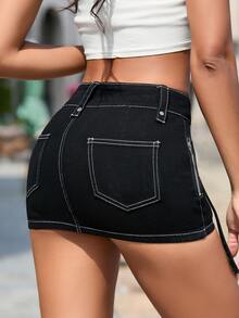 D-ring Tape Detail Mini Denim Skirt - Black - View 2