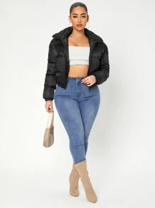 EURMUSE Solid Zip Up Puffer Coat - Black - View 5