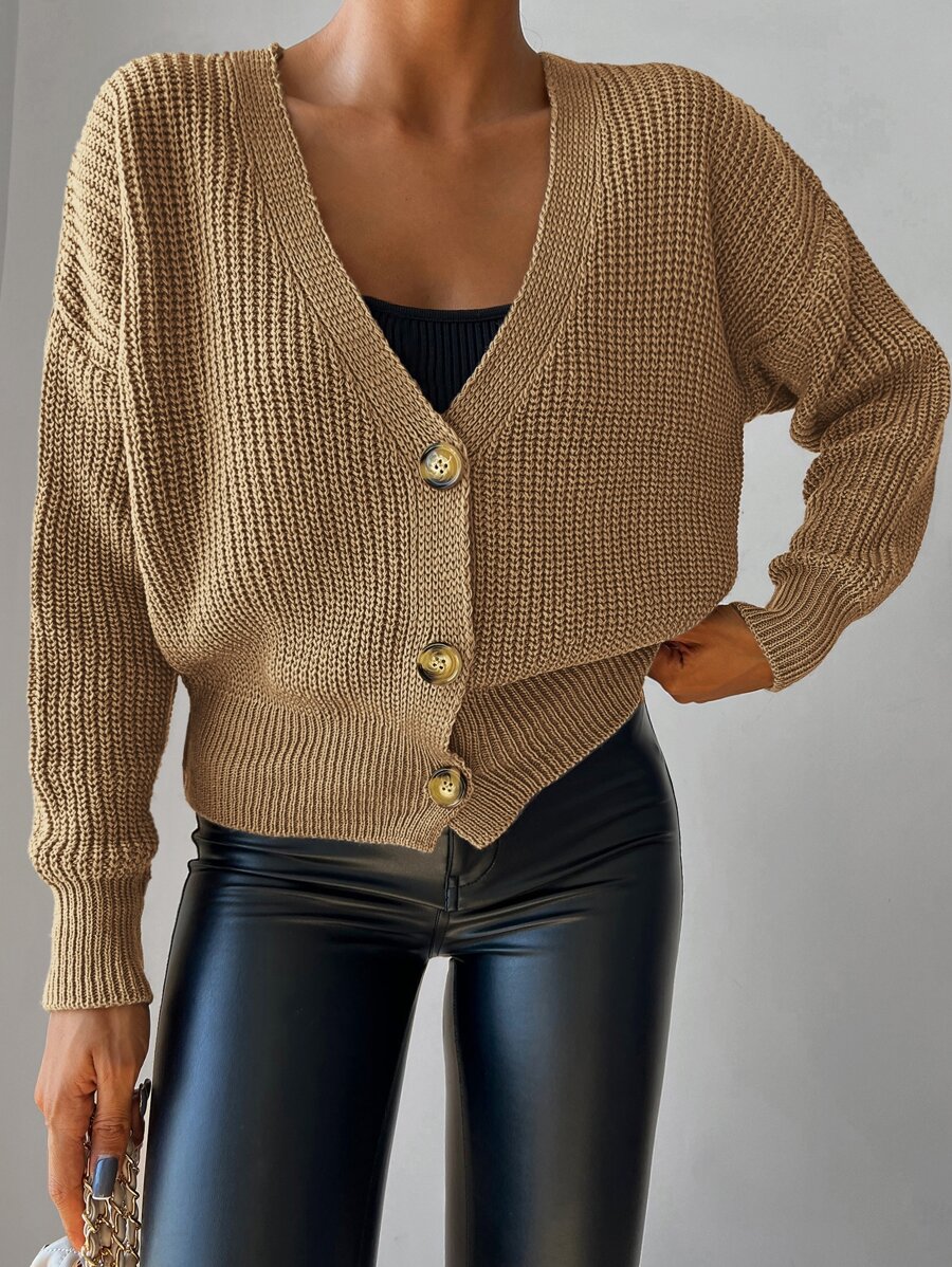 Drop Shoulder Ribbed Knit Cardigan - Camel - View 1