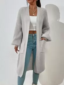 EMERY ROSE Dual Pocket Drop Shoulder Cardigan,Long Sleeve Tops Fall Winter Cloth For Women - Light Grey - View 3