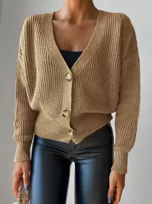 Drop Shoulder Ribbed Knit Cardigan - Camel - View 3