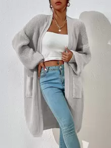 EMERY ROSE Dual Pocket Drop Shoulder Cardigan,Long Sleeve Tops Fall Winter Cloth For Women - Light Grey - View 5