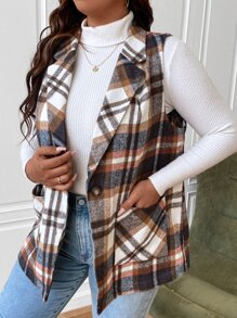 SHEIN LUNE Plus Plaid Dual Pocket Lapel Neck Sleeveless Overcoat - Multicolor - View 3