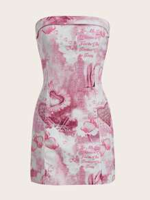 SHEIN ICON Letter & Heart Print Ruched Tube Denim Dress - Multicolor - View 1