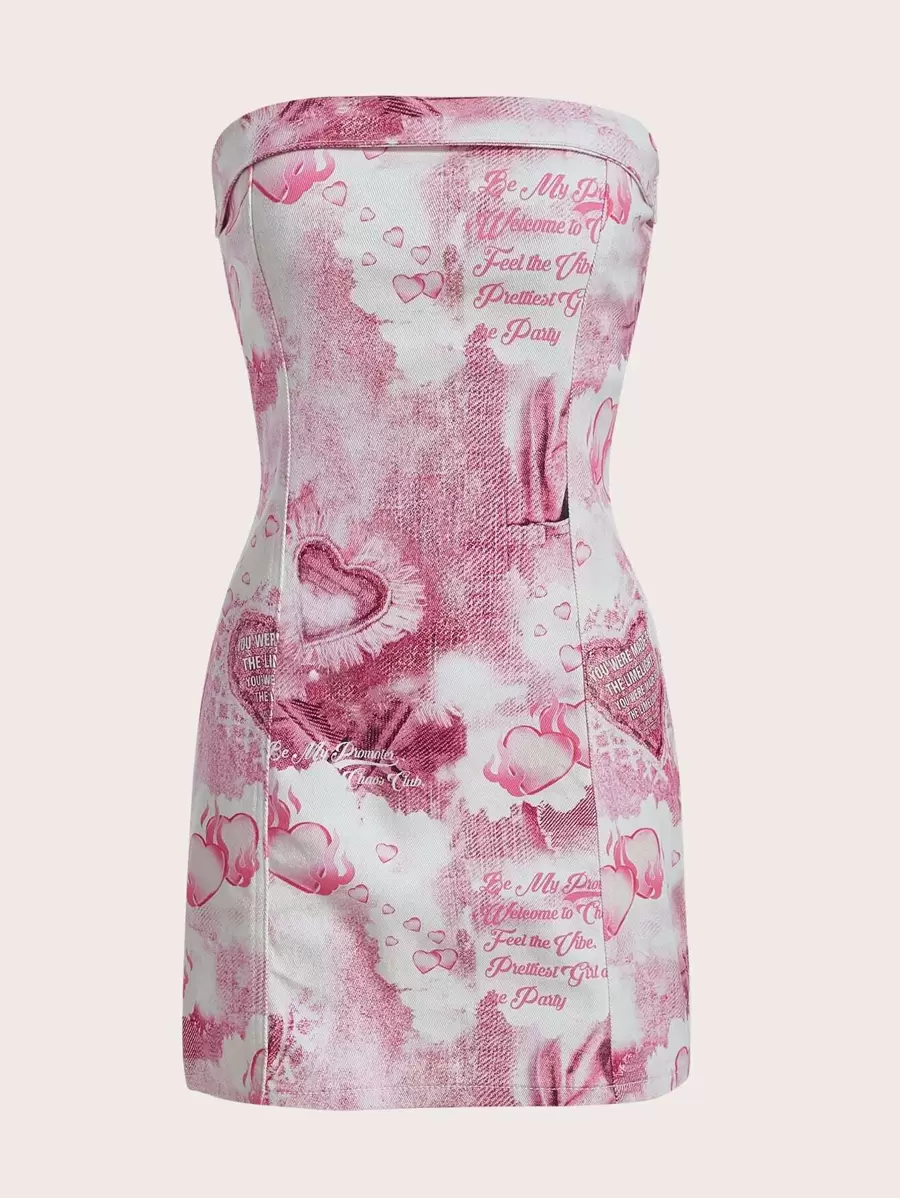 SHEIN ICON Letter & Heart Print Ruched Tube Denim Dress - Multicolor - View 1