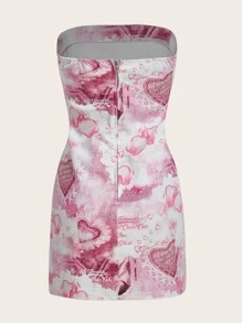 SHEIN ICON Letter & Heart Print Ruched Tube Denim Dress - Multicolor - View 2