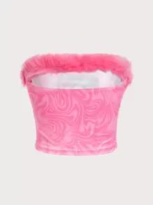 SHEIN ICON Marble & Cat Print Fuzzy Trim Crop Tube Top - Multicolor - View 2