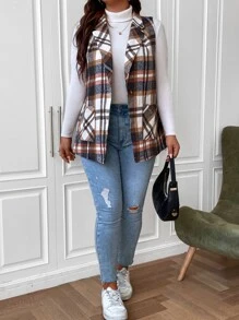 SHEIN LUNE Plus Plaid Dual Pocket Lapel Neck Sleeveless Overcoat - Multicolor - View 4